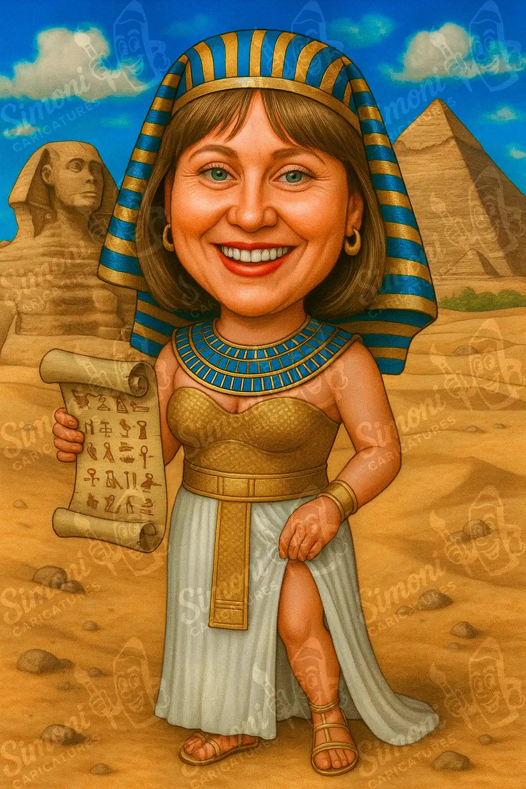 Карикатура на жена в древноегипетски костюм, държаща свитък с йероглифи, с пирамиди и сфинкс на заден план - персонализиран портрет от Simoni Caricatures, вдъхновен от древен Египет.